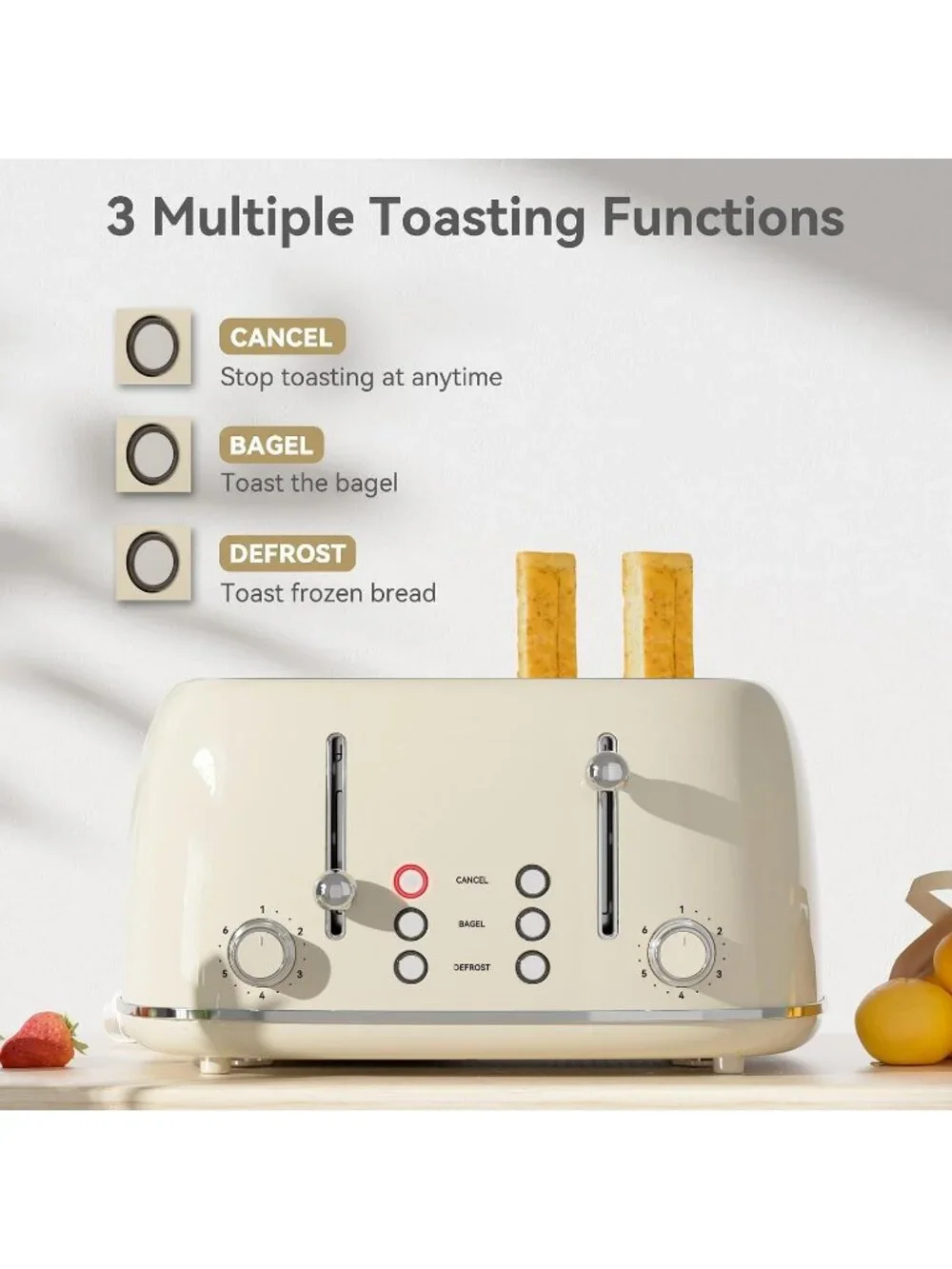 4 Slice Cream Retro Stainless with 6 Bread Shade Settings 1.5''Wide Toaster